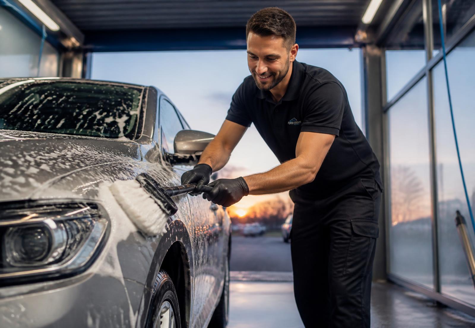 HelpMe4 medewerker wast een auto bij een self-service car wash in Eindhoven